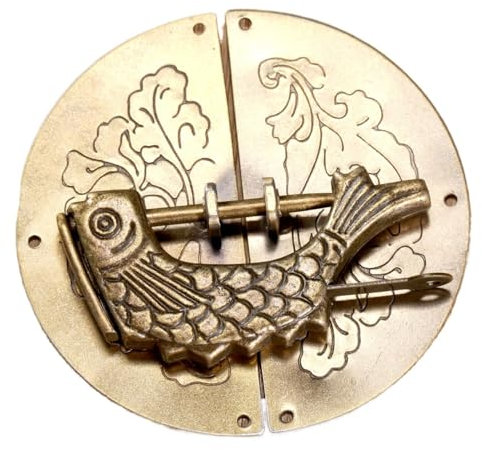 ATooi 2 Stück chinesisches altes Fischschloss + runder Zuggriff, Knauf-Set, Antik-Bronze, Messing, Vintage-Stil, Holzschrank, Schrank, Möbelbeschläge