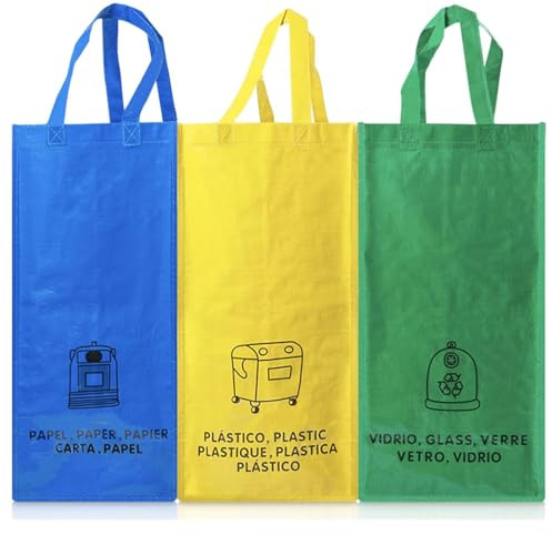 KALENDIA Kompaktes & wirtschaftliches Mülltrennsystem – 3 Recycling-Taschen (25L) mit Tragegriffen, inkl. Aufbewahrungstasche für Plastiktüten – Abfall & Recycling Behälter für kleine Räume, 3 Fächer