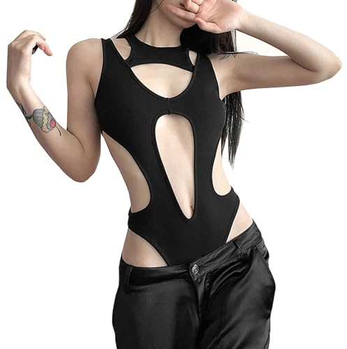 SINROYEE Sexig Ihålig Kvinnor Bodysuit Sommar Gatwear Outfit Gotisk Jumpsuit T-shirt Kortärmad Ärmlös, Svart 4, L