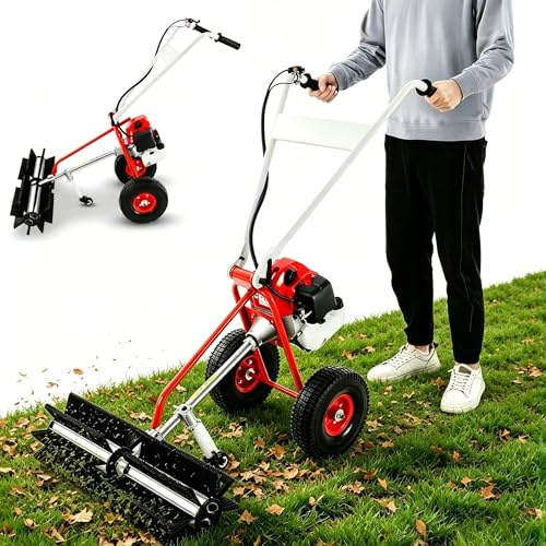 HuKaiL Spazzatrice a benzina, 1,7 CV 43 CC 2 tempi raffreddata ad aria con 2 ruote, 1,25 KW 3200 RPM soffiatore a benzina per la pulizia di cantieri, fattorie, strade, 58,5 x 83,5 cm