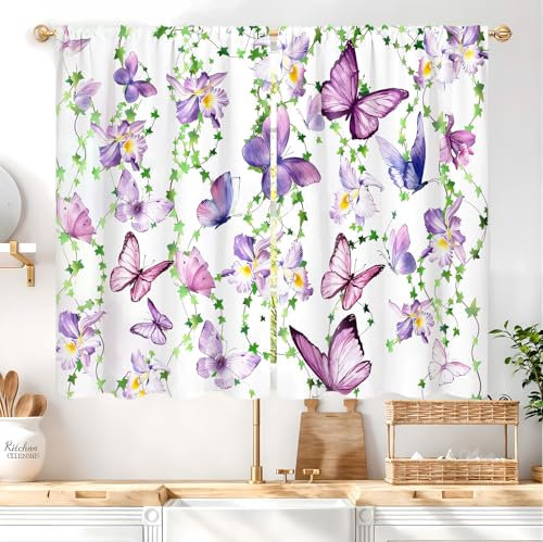 Famiffty Cortinas de ventana con diseño de mariposas y flores moradas de 27.5 pulgadas de ancho x 39 pulgadas de largo, 2 paneles de flores lilas lavanda, primavera, plantas de verano, hojas rústicas,