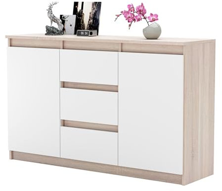 MartHome Moderne Kommode ALEXO - 120cm Breit, 75cm Hoch, 3 Schubladen, 2 Türen, Robuste Laminat-Konstruktion, Vielseitig für Wohnzimmer, Schlafzimmer, Home-Office Eiche Sonoma/Weiß Matt Front