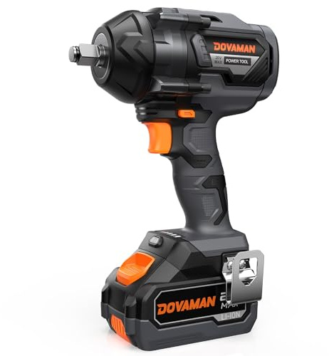 DOVAMAN 20V Cordless Impact Wrench, 1200Nm High Torque Brushless 1/2 Inch Impact Gun, Electric Car Wrench with 4.0Ah Battery, Fast Charger & 5 Sockets, Power Tool for Wheel Nuts & Chassis Repair | 550 Ft-Lbs Fastening, 3-Speed Control, Reverse Auto-Stop & Brushless Motor for Tire Changes, Lug Nuts and Automotive Repair