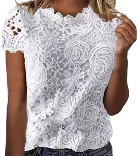 Top B Primavera y Verano Nueva Blusa de Encaje de Manga Corta para Mujer Mujer Camiseta Vestido Con Estampado, Blanco, M