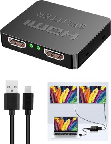 Divisor HDMI 1 en 2 Salidas, 4K 3D 1080P HDMI Splitter Adaptador 1 Entrada 2 Salida con Cable de Alimentación Micro USB,HDMI Splitter 1 in 2 out para Monitor Doble Compatible con HDTV Xbox PS4 PS3 DVD
