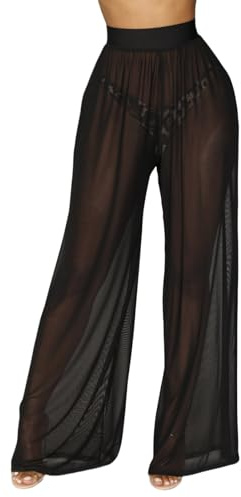 Hybursky Women's See Through Pants Sheer Mesh Summer Trousers High Waisted Loose Fit Casual Wide Leg Beach Pants Bikini Bottom Cover up Sexy Transparent Trousers for Club Party Dailywear