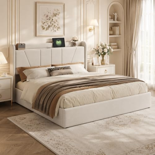 Doppelbett 160x200cm, Hydraulisch Stauraumbett Gepolstertes Bett, Polsterbett mit USB-Ladestation, Jugendbett Funktionsbett Bettgestell mit Lattenrost, Leinen, Ohne Matratze(Beige+Leinen, 160x200cm)