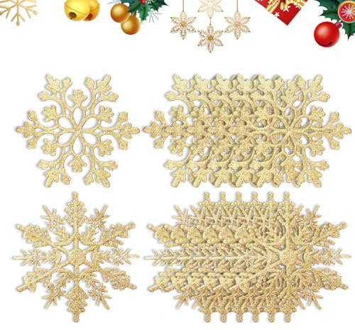 Scinzene 24 Stueck Schneeflocken Christbaumschmuck Gold 10 cm Baumschmuck Weihnachten, Glitter Tischlaeufer Alternative, Weihnachtsbaum Deko Fuer Advent, Restaurant, Kueche, Wohnraum-Styling Familie
