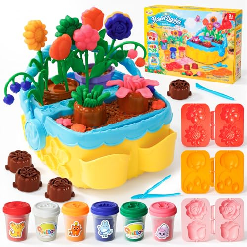 Crelloci Flower Garden Modelling Dough Set for Kids, Gardening Playset | 6 Dough Colours, 6 Flower Styles, Basket, Pots, Stems, Flower Bases, Moulds, Watering Can & Gardening Tools, Ages 3+