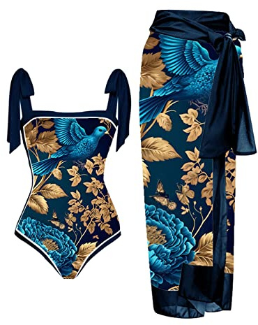 Maillot de Bain 2 pièces pour Femme avec paréo Assorti pour l'été, Vintage, imprimé Floral, Monokinis, Maillots de Bain avec Jupe Longue enveloppante, vêtements de Plage bohème, vêtements de
