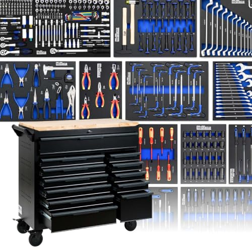 TRUTZHOLM Profi Werkstattwagen Star XL 12 Schubladen komplett gefüllt mit Werkzeug 361 TLG. Hartholz-Arbeitsplatte Profi Werkzeugwagen schwarz/grau 103 x 112 cm mit Feststellbremsen, abschließbar