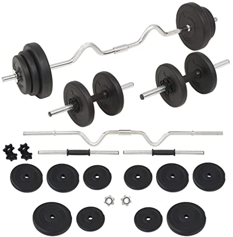 30 kg Hantel-Set mit SZ-Stange und Kurzhanteln - Krafttraining Set für zuhause - Gewichtheberset mit Zement-Hantelscheiben