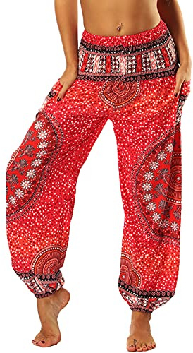 Nuofengkudu Mujer Pantalones Hippies Tailandeses Estampado Verano Cintura Alta Elastica con Bolsillos para Yoga Casual Rojo Flor