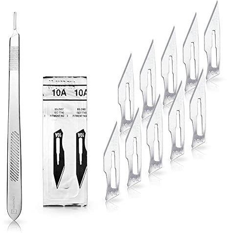 Set - 10 Stück Skalpellklingen Figur 10A aus Karbonstahl - Ersatzklingen einzeln steril verpackt + 1x May - Skalpell-Halter - 21 cm lang - Edelstahl