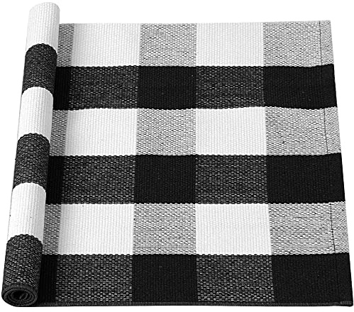sourcing map Teppich Wohnzimmer Waschbare Matte Schlafzimmer Plaid Baumwolle In- & Outdoor Gewebte Buffalo-Teppich Karierten Matten Schwarz-Weiß 60x180cm