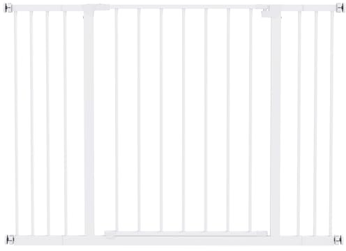 PawHut Türschutzgitter 10/15 cm Verlängerung 76-82/86-97/101-107 cm Weiß | Treppenschutzgitter, Türgitter ohne Bohren, Treppengitter, Einhändiges Öffnen, Stahl