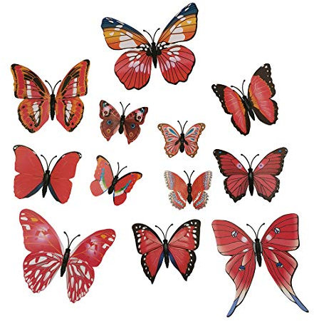 Concisea 36 Stück 3D-Aufkleber, Schmetterlinge, für Kinder, Schlafzimmer, Küche, Kühlschrank, Gartenpflanzen, Party, Dekoration (rot)