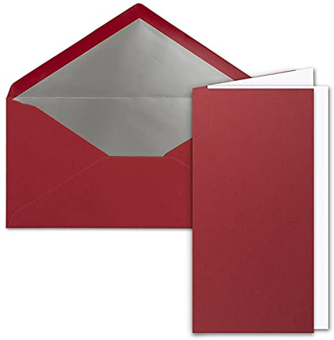 10x Faltkarten-Set DIN Lang inkl. Briefumschlägen mit silbernem Seidenfutter und weißen Einlegeblättern in Dunkelrot (Rot) - 10,5 x 21 cm - für Einladungen und Grußkarten