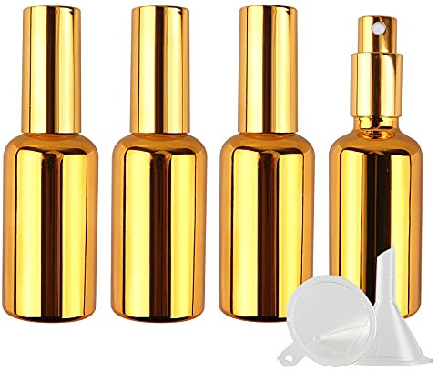 ZEOABSY 4 Stück 50ml UV-Beschichtetes Gold Glas Sprühflaschen & 1 Stück Trichter, 50 ml Leer Glas Nachfüllbar Zerstäuber Sprayflasche Reisen Heim Parfumzerstäuber