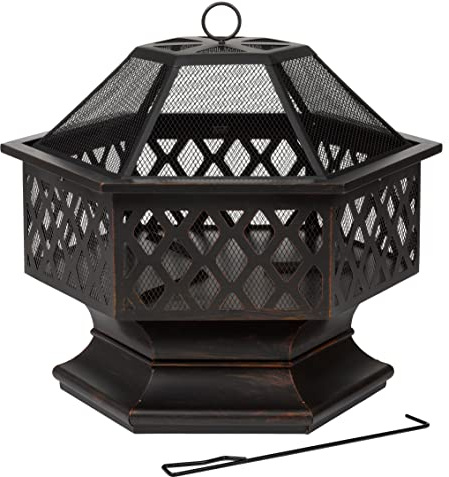 tepro Feuerstelle Farview – sechseckige Garten-Feuerstelle in gebürsteter Bronze-Optik mit Gitterdeckel & Schürhaken – Hexagon-Feuerschale mit hitzebeständiger Lackierung, 70 x 60,5 x 62 cm