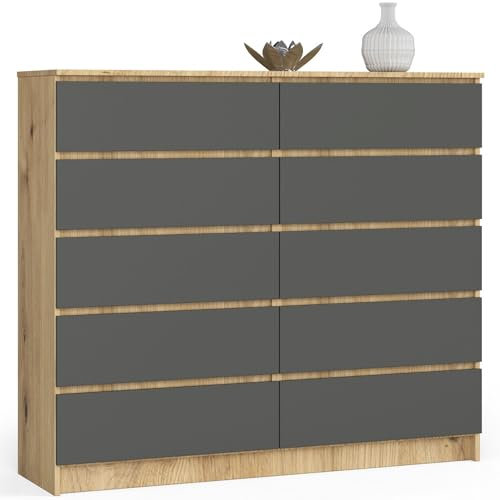 Kommode K-140 mit 10 (2 x 5) Schubladen | für das Wohnzimmer Schlafzimmer Schrank Büro Arbeitszimmer | Modernes Funktionales Design | B138 x H121 x T40 cm, Gewicht 75 kgArtisan Eiche / Graphitgrau
