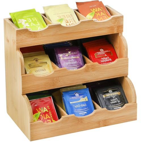 Lyellfe Tea Bag Organizer, Vertical Bamboo Tea Bag Holder, Tea Bag Tray Caddy to Hold 180 Tea Bags, 3 Tier Rustic Coffee Condiment Holder Storage Caddy for Home, Office or Café, 9 Compartments