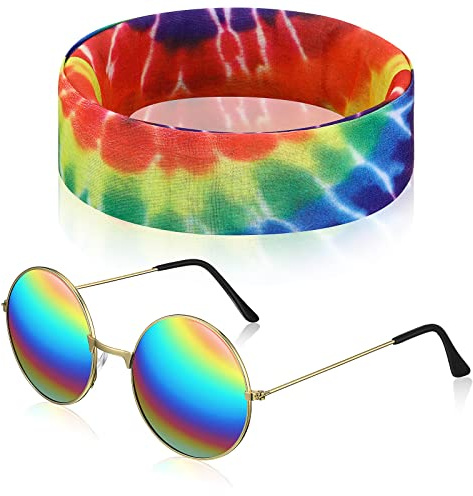 Fiada Set mit 2 Stück Hippie-Kostüm, Regenbogen-Haarband, Sonnenblume, Tie-Dye, Sonnenbrille, Hippie-Brille, rund, Vintage, Kostüm-Zubehör, 60er 70er Jahre, Halloween, Festival