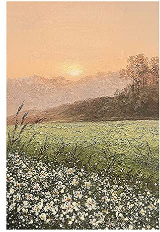 Ölbilder Auf Leinwand Handgemalt, Grüne Pflanzen Gras Gänseblümchen Blumen Sonnenuntergang Landschaft Moderne Abstrakte Kunstwerke Rahmenlose Original Handgemalte Ölgemälde Auf Leinwand Wandk