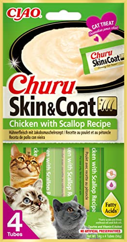 INABA Churu Skin & Coat - Pürierter Huhn und Jakobsmuschel - Omega 3 & 6 und Taurin - Cremiger - Katzenfutter für Haut & Fell - 4 Tuben x 14g