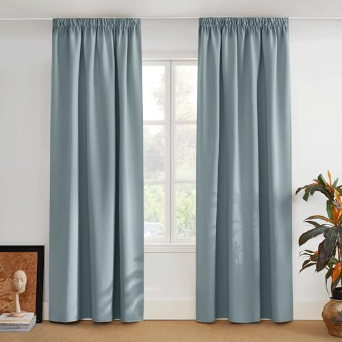 PONY DANCE 2er Set Blickdichte Gardinen mit Kräuselband Thermovorhang | H 245 x B 140 cm, Graublau, für Schienensystem, für Wohnzimmer, UV-schutz, Verdunkelungsvorhang, Curtains, Hitzeschutz