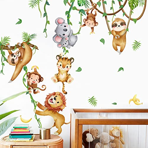 HGDESIGN® Väggtatuering väggdekal skog djur djungel apa sengångare koala tiger lejon zoo väggklistermärke barnrum babyrum barn baby pojke flicka väggdekoration (A)