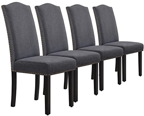 Yaheetech Esszimmerstühle 4X Küchenstühle mit hoher Rückenlehne Dunkelgrau | Stühle für Küche und Esszimmer, Massivholz Beine, gepolsterte Sitzfläche aus Leinen, 136 kg Belastbar