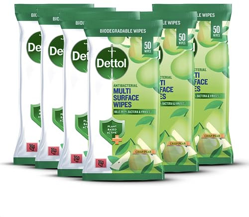 Dettol Antibacterial Multi-Surface Wipes, Plant-Based, Crisp Pear Scent, 6 X 50