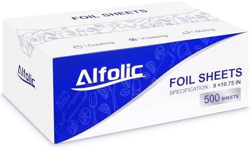Alfolic aluminiumfolieark – 9 tum x 10,7 tum förskuren tennfolie, premium aluminiumfolie för matlagning, förvaring av mat – 500 ark
