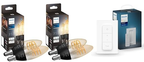 Philips Hue White Ambiance Filament 4 x E14 LED Lampe, dimmbar, 350lm, alle Weißschattierungen, steuerbar via App, kompatibel mit Amazon Alexa (Echo, Echo Dot), inkl. Hue Dimmschalter, Klar