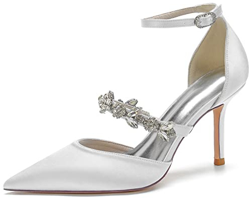 EFLALYHG Scarpe da Sposa in Raso con Strass con Pompa da Donna Scarpe a Punta con Tacco Alto da 8,5 cm Scarpe da Sposa per Festa di Nozze,Bianca,37 EU