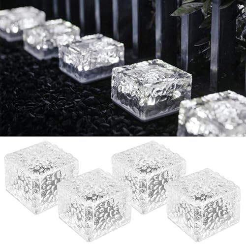 Funmo 4er-Set Solar Glas Pflastersteine Außenleuchte, LED Solarlampen Balkon Deko, Wasserdicht Wegbeleuchtung Solar für Garten, Balkon und Terrasse (Weiß)