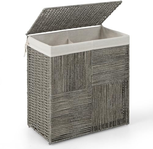 COSTWAY Laundry Basket with Lid, 110L Foldable Laundry Hamper with 2 Compartments, Removable Liner Bag & Handles, Handwoven Synthetic Rattan Dirty Clothes Sorter Bin Washing Basket for Bathroom, Grey