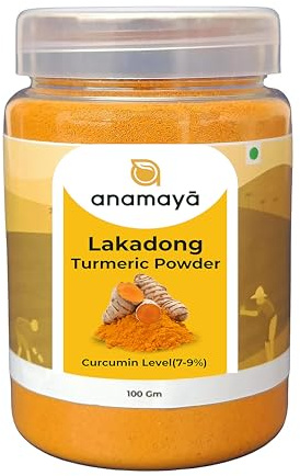 Lakadong Turmeric Powder 100 gms from Shillong Meghalaya India by Anamaya Spices | High Curcumin Content 7 to 9% | Lab Tested | Packed in a Reusable Jar |