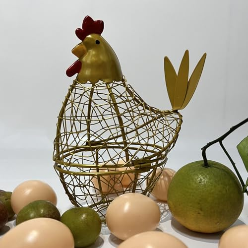 Chicken Wire Egg Basket Egg Holder Farmhouse Rustic Vintage Rooster Decor Chicken Shaped Egg Basket Fruit Storage Wire Basket For Collecting And Countertop Storing Egg (Gold)