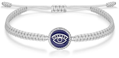J.Endéar Evil Eye Bracelet Protection Amulet Silver 925 for Women Girls, String Filigree Braided Handmade Navy Blue Enamel Nazar Luck Gift, Grey