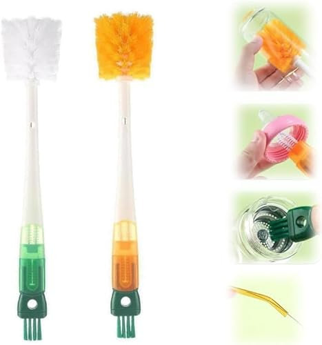 Creative 5 in 1 Multifunctional Cleaning Brush, Multipurpose Bottle Gap Corner Cleaner Brush Magic Water Bottle Cup Lid with Nipple Brush, Detail Brush for Cup Lid Gap (Orange+Green)