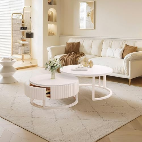 GonTzolkin Couchtisch Rund Weiss 2er Set Moderne Couchtische Weiß Mit Stauraum Runder Wohnzimmertisch Marmor Optik Holz Satztische Fürs Wohnzimmer Industrial Style Massivholz Schublade Metallrahmen