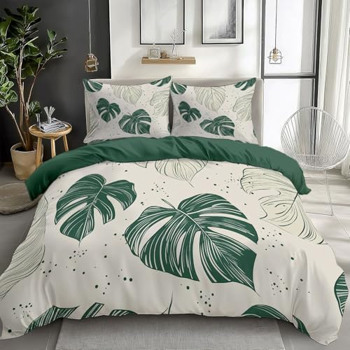 Quixora Bettwäsche 200 x 200 cm Wende Bettbezug Set 3 Teilig, Grün, Muster Natürliche Moderne Monstera-Blätter, Weiche Microfaser Bettbezug mit Reißverschluss und 80x80cm Kissenbezug