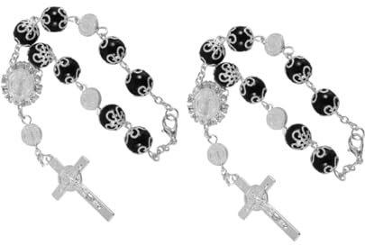 TOKIDNY 2stücke Auto Innenraum Anhänger Mit Kreuz Und Rosenkranz Spirituelle Dekoration Für Rückspiegel Mit Schutzsymbolen Schwarz Und Weiß Als Für Autofahrer