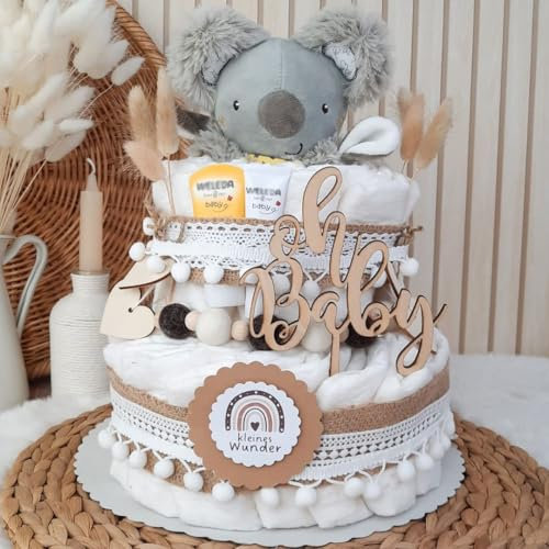 Windeltorte Boho Vintage Stil | Geschenk zur Geburt | Made in Germany | mit Baby-Schmusetuch, hochwertigen Pflegeprodukten, Babytee, Söckchen, Tuch & schönem Zubehör | Baby Geschenk
