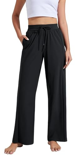 Freizeithose Femme Sommer Leichte Weite Hose mit Sonnenschutz UPF100+, Stretchbund & Kordel, Taschen für Handy, Locker & Kühlend（Black；L）