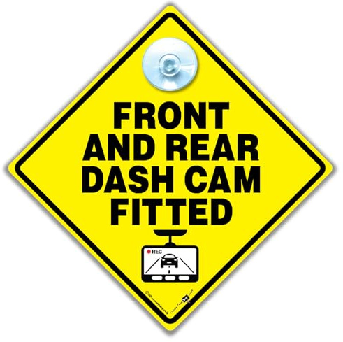 Front And Rear Dash Cam Fitted Car Sign, CCTV Warning Sign, 14 cm x 14 cm, Yellow Diamond with Suction Cup