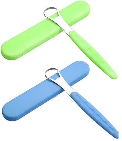 Tongue Scraper Cleaner for Adults & Kids Pack, Medical Grade Stainless Steel Tongue Brush Set, Oral Self Care for Bad Breath, Tongue Scraping with Travel Case (2pcs)