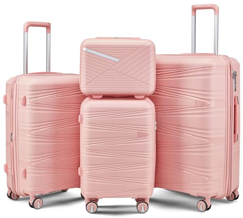 TRAVELEO 4 Piece Luggage Set PP Hardshell, Expandable Suitcase Set (20/24/28) with 14 Cosmetic Case, Lightweight Spinner Wheels with TSA Lock, Detachable Wheels for Nesting Storage (Pink)